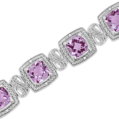 .925 Sterling Silver 7x7 mm Cushion Cut Purple Amethyst and 1/10 cttw Round Cut Diamond Square Shape Tennis Bracelet (I-J Color, I1-I2 Clarity) - 7" Bids.com