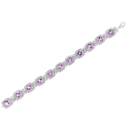 .925 Sterling Silver 7x7 mm Cushion Cut Purple Amethyst and 1/10 cttw Round Cut Diamond Square Shape Tennis Bracelet (I-J Color, I1-I2 Clarity) - 7" Bids.com