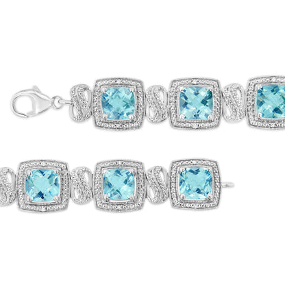 .925 Sterling Silver 7x7 mm Cushion Cut Blue Topaz and 1/10 Ctw Single Cut Diamond Square Shape Tennis Bracelet (I-J Color, I1-I2 Clarity) - 7" Bids.com