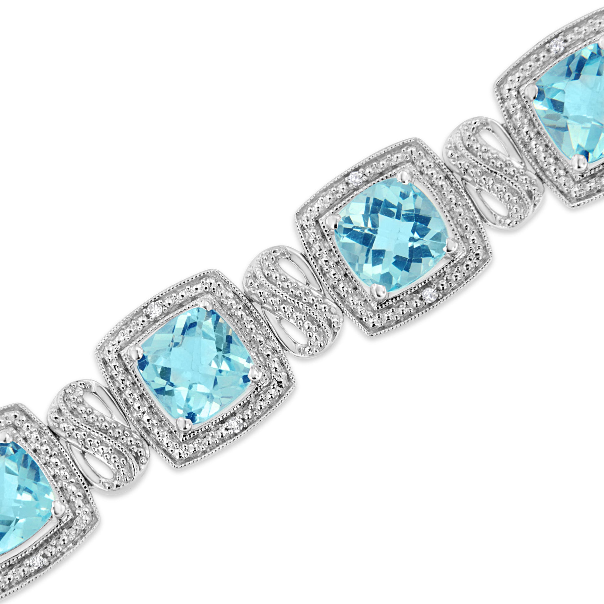 .925 Sterling Silver 7x7 mm Cushion Cut Blue Topaz and 1/10 Ctw Single Cut Diamond Square Shape Tennis Bracelet (I-J Color, I1-I2 Clarity) - 7" Bids.com