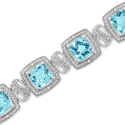.925 Sterling Silver 7x7 mm Cushion Cut Blue Topaz and 1/10 Ctw Single Cut Diamond Square Shape Tennis Bracelet (I-J Color, I1-I2 Clarity) - 7" Bids.com