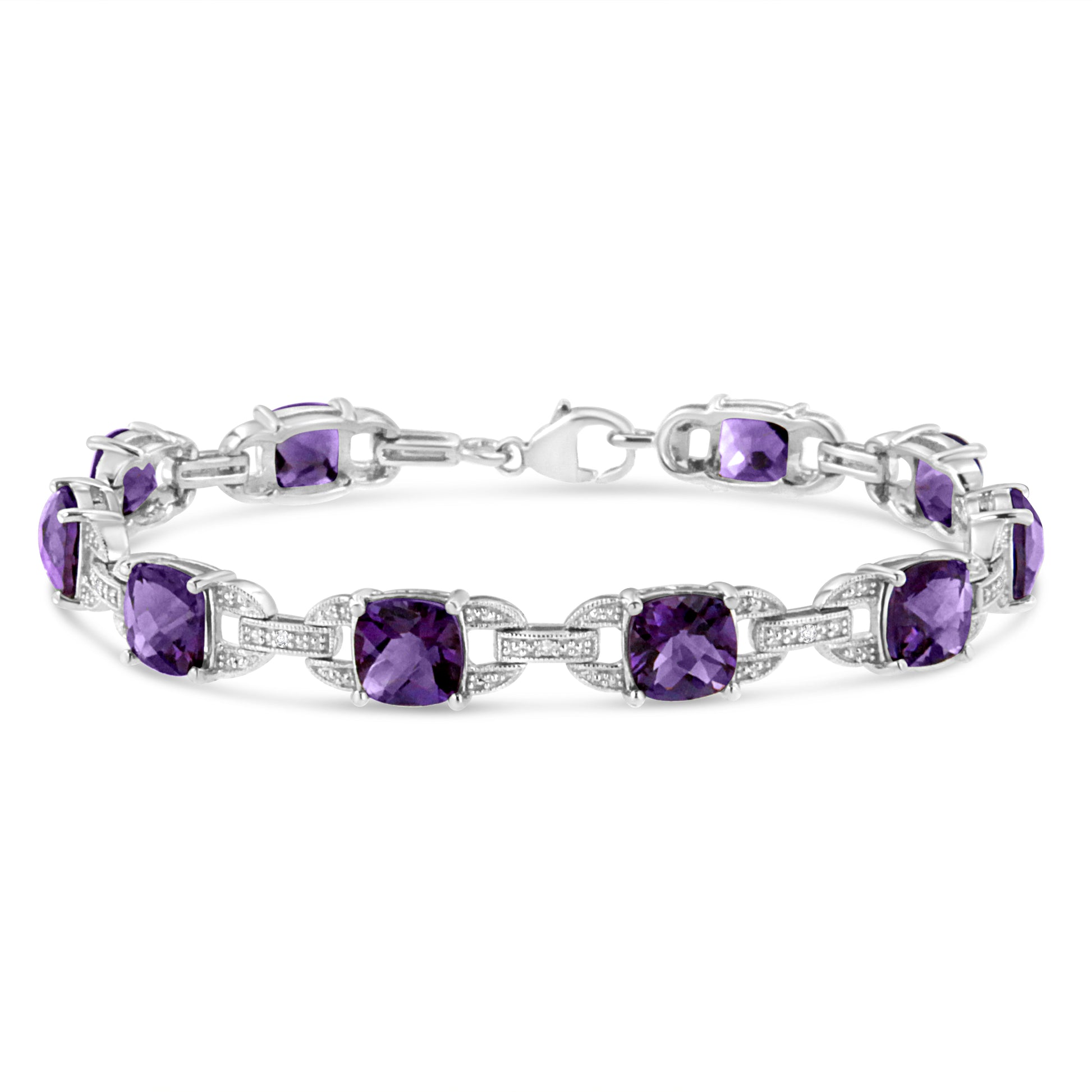 .925 Sterling Silver 7mm Cushion Cut Amethyst Gemstone and Diamond Tennis Link Bracelet (I-J Color, I1-I2 Clarity) - Size 7" Bids.com