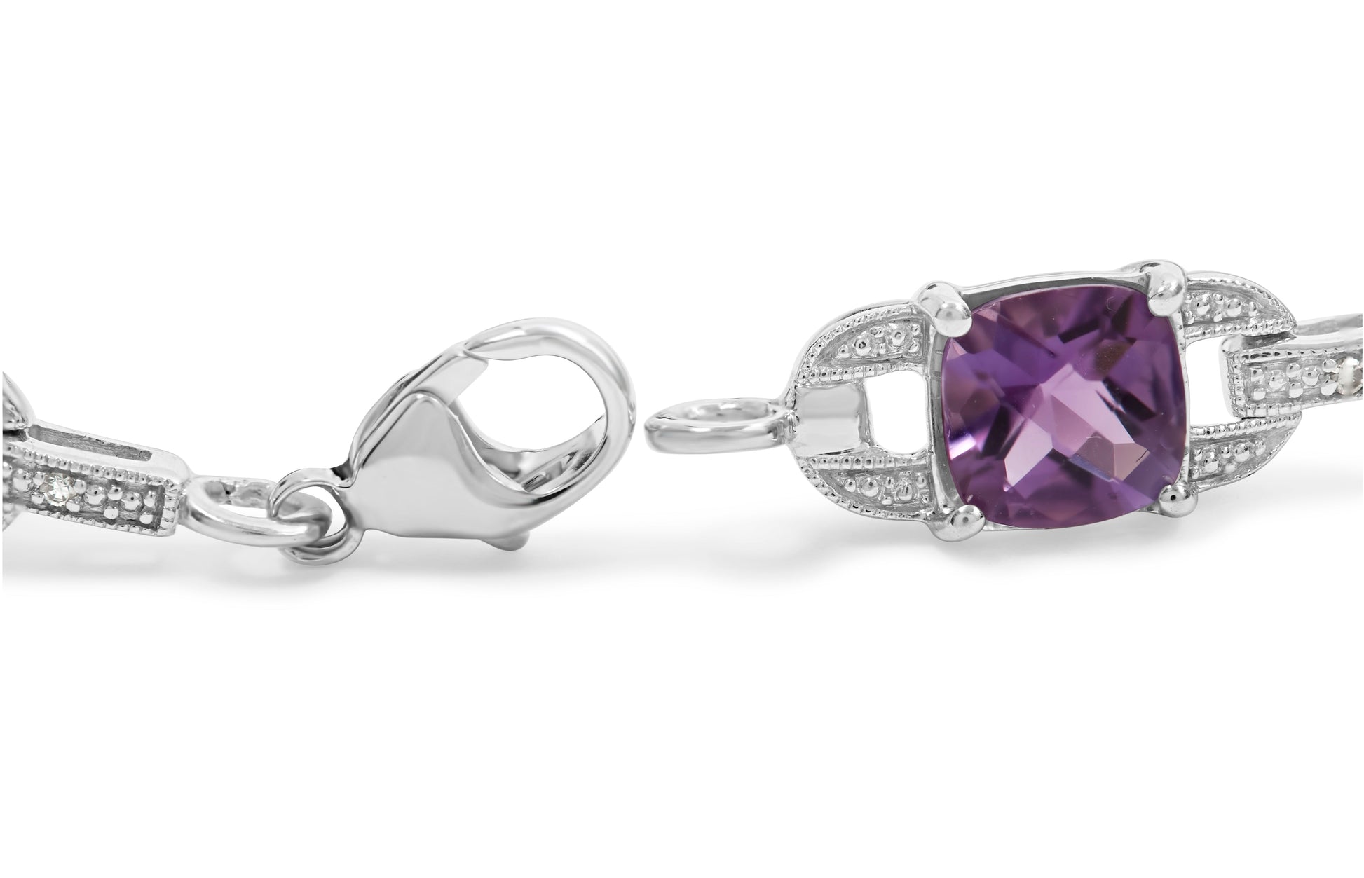 .925 Sterling Silver 7mm Cushion Cut Amethyst Gemstone and Diamond Tennis Link Bracelet (I-J Color, I1-I2 Clarity) - Size 7" Bids.com