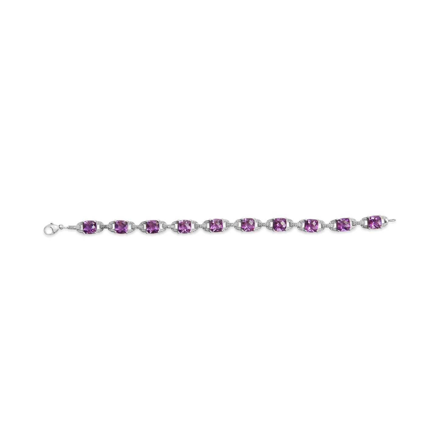 .925 Sterling Silver 7mm Cushion Cut Amethyst Gemstone and Diamond Tennis Link Bracelet (I-J Color, I1-I2 Clarity) - Size 7" Bids.com