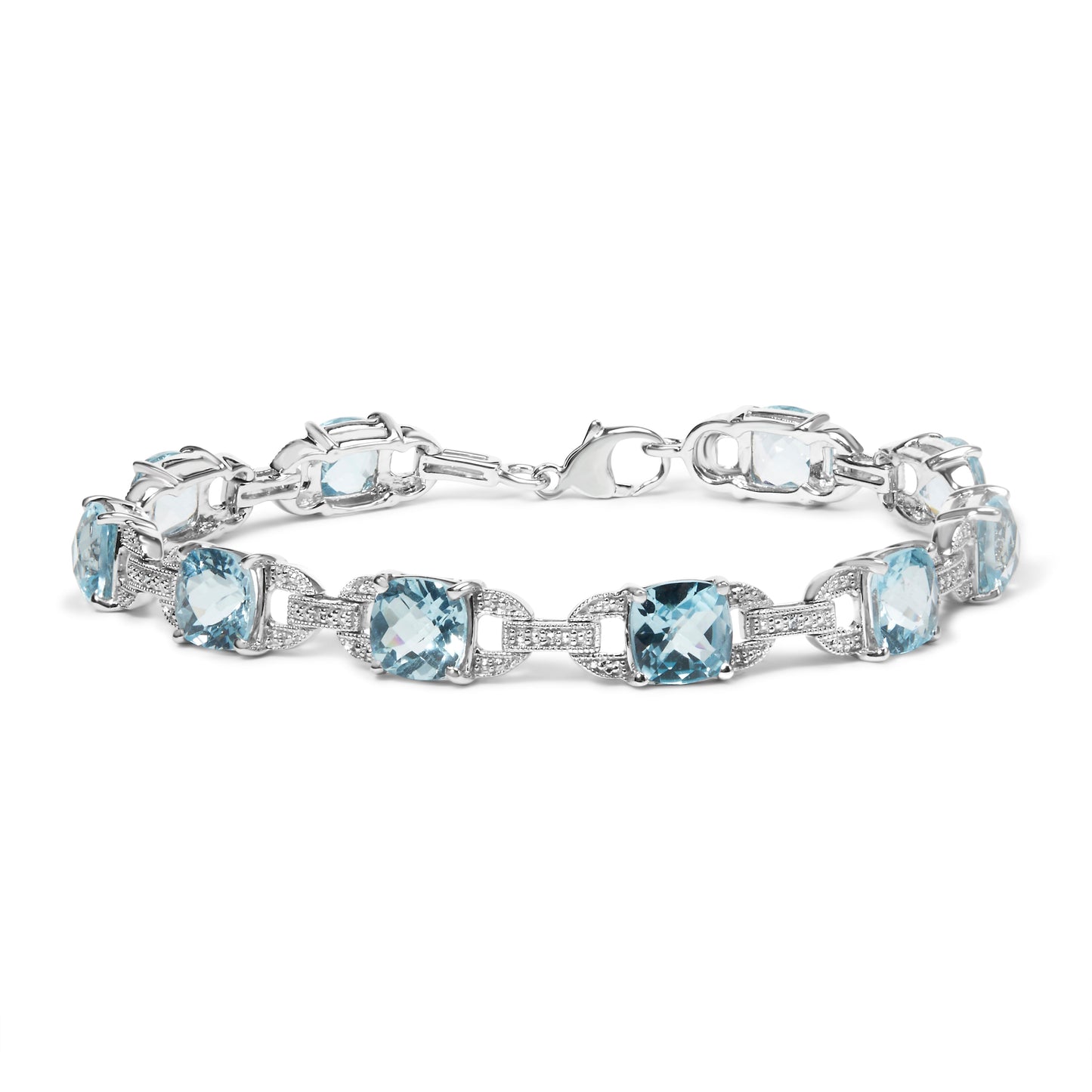 .925 Sterling Silver 7x7 mm Cushion Cut Blue Topaz and 1/20 cttw Round Cut Diamond Fashion Tennis Bracelet (I-J Color, I1-I2 Clarity) - 7" Bids.com