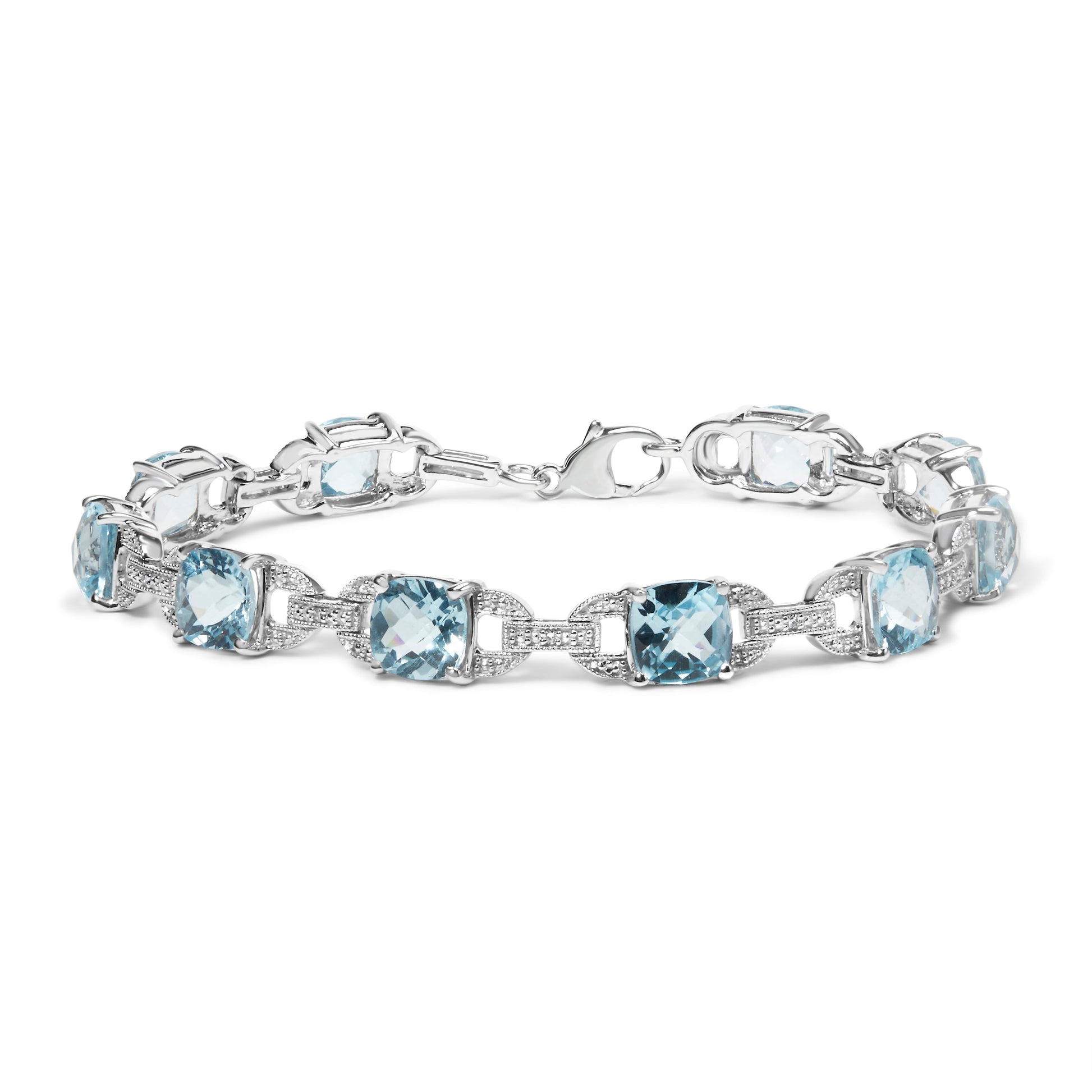 .925 Sterling Silver 7x7 mm Cushion Cut Blue Topaz and 1/20 cttw Round Cut Diamond Fashion Tennis Bracelet (I-J Color, I1-I2 Clarity) - 7" Bids.com