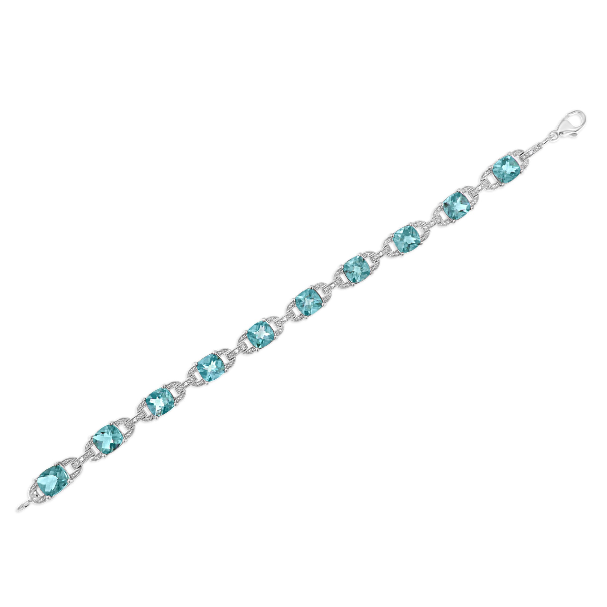 .925 Sterling Silver 7x7 mm Cushion Cut Blue Topaz and 1/20 cttw Round Cut Diamond Fashion Tennis Bracelet (I-J Color, I1-I2 Clarity) - 7" Bids.com