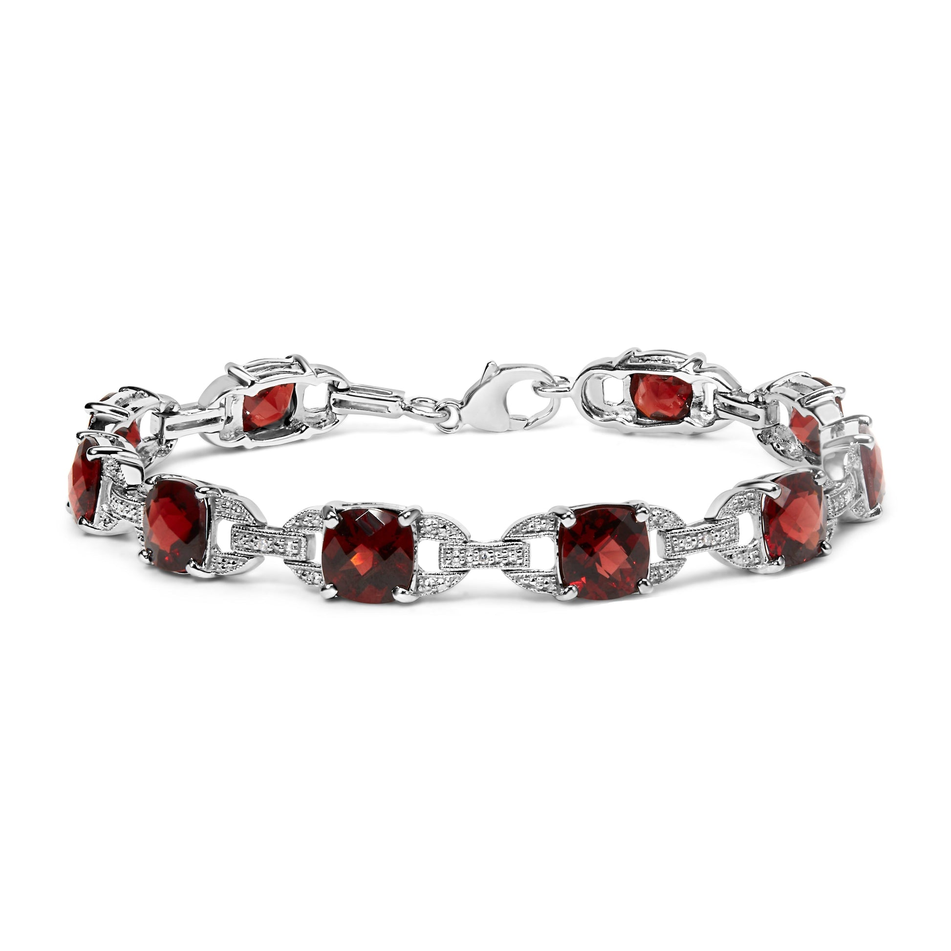 .925 Sterling Silver 7x7mm Checkered Cushion Red Garnet and Diamond Accent Fashion Tennis Link Bracelet (I-J Color, I1-I2 Clarity) - Size 7" Inch Bids.com