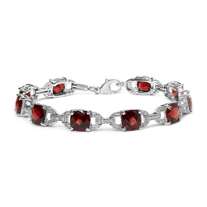 .925 Sterling Silver 7x7mm Checkered Cushion Red Garnet and Diamond Accent Fashion Tennis Link Bracelet (I-J Color, I1-I2 Clarity) - Size 7" Inch Bids.com