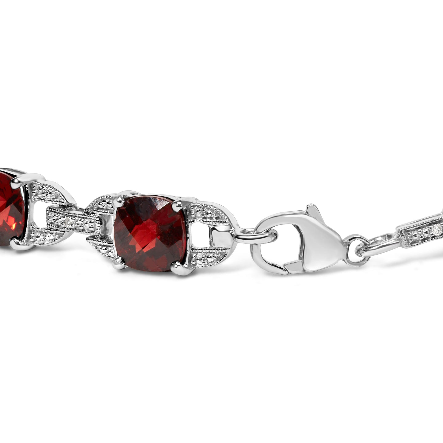 .925 Sterling Silver 7x7mm Checkered Cushion Red Garnet and Diamond Accent Fashion Tennis Link Bracelet (I-J Color, I1-I2 Clarity) - Size 7" Inch Bids.com