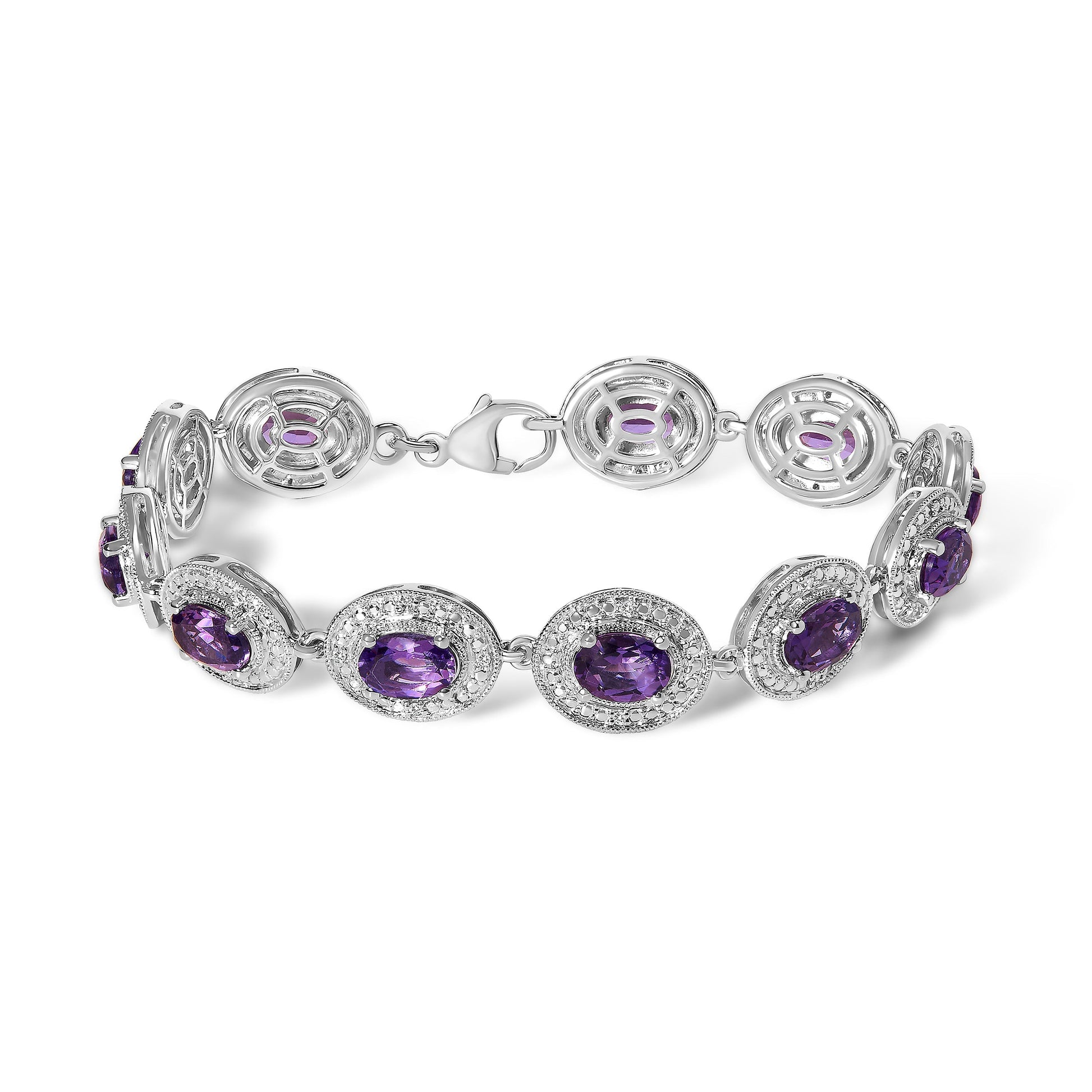 Sterling Silver 5x7 MM Oval Purple Amethyst & Diamond Halo Link Bracelet Bids.com