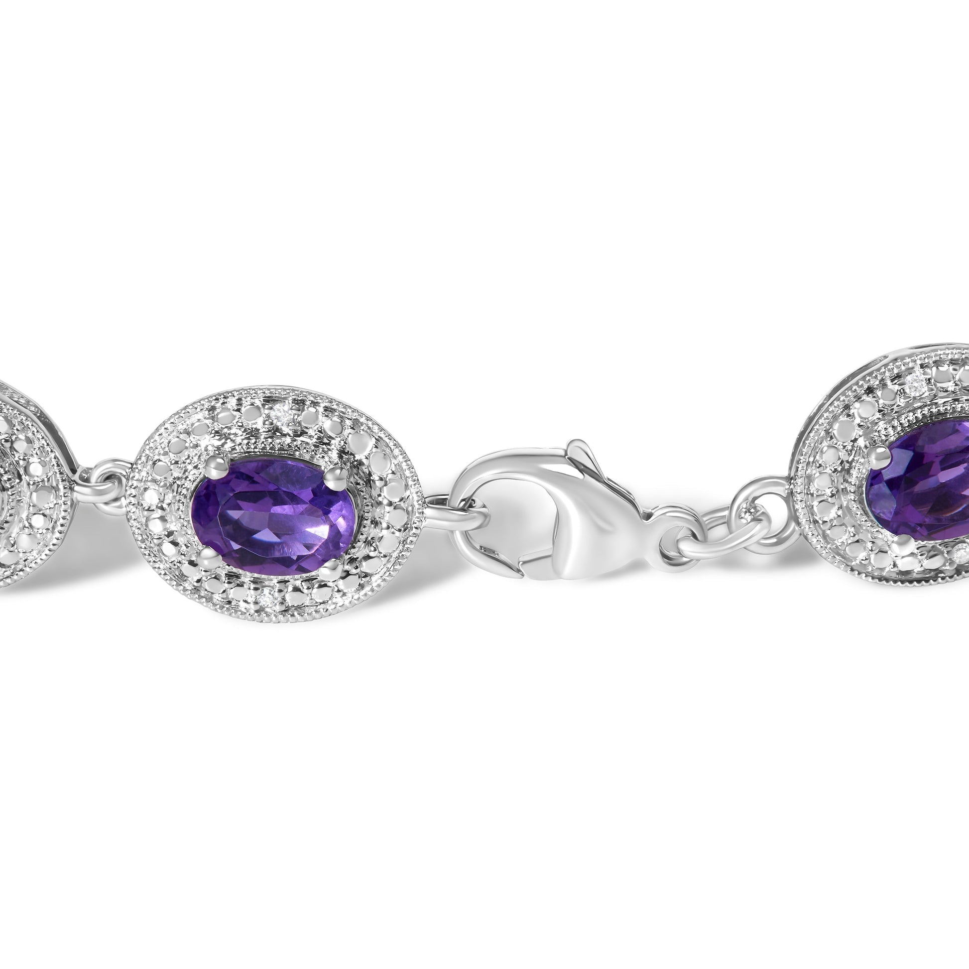 Sterling Silver 5x7 MM Oval Purple Amethyst & Diamond Halo Link Bracelet Bids.com