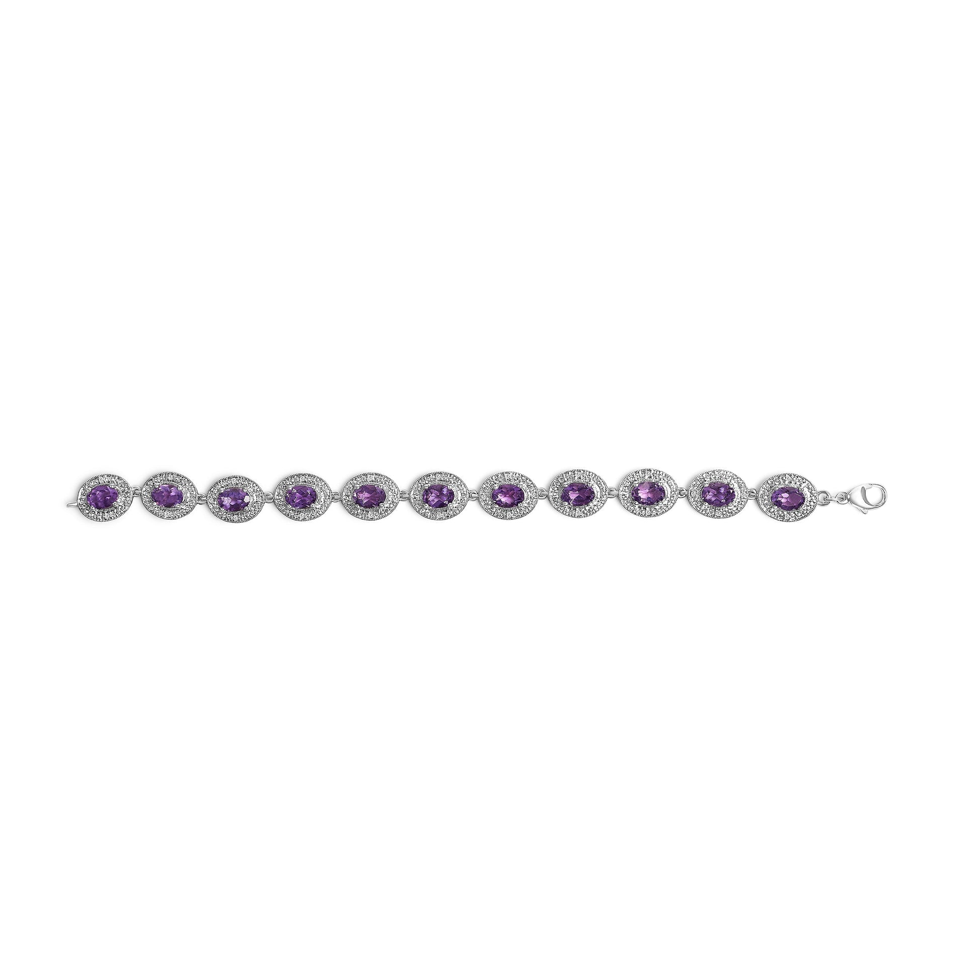 Sterling Silver 5x7 MM Oval Purple Amethyst & Diamond Halo Link Bracelet Bids.com