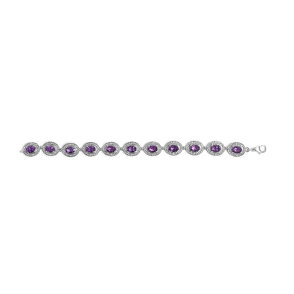 Sterling Silver 5x7 MM Oval Purple Amethyst & Diamond Halo Link Bracelet Bids.com