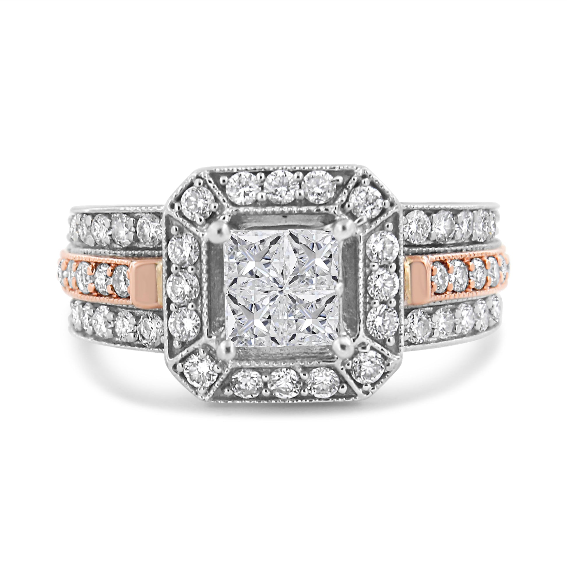 14K White and Rose Gold 1 1/8 Cttw Princess and Round-Cut Diamond Art Deco Style Triple Shank Halo Cocktail Ring (I-J Color, SI2-I1 Clarity) - Size 7 Bids.com
