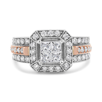 14K White and Rose Gold 1 1/8 Cttw Princess and Round-Cut Diamond Art Deco Style Triple Shank Halo Cocktail Ring (I-J Color, SI2-I1 Clarity) - Size 7 Bids.com