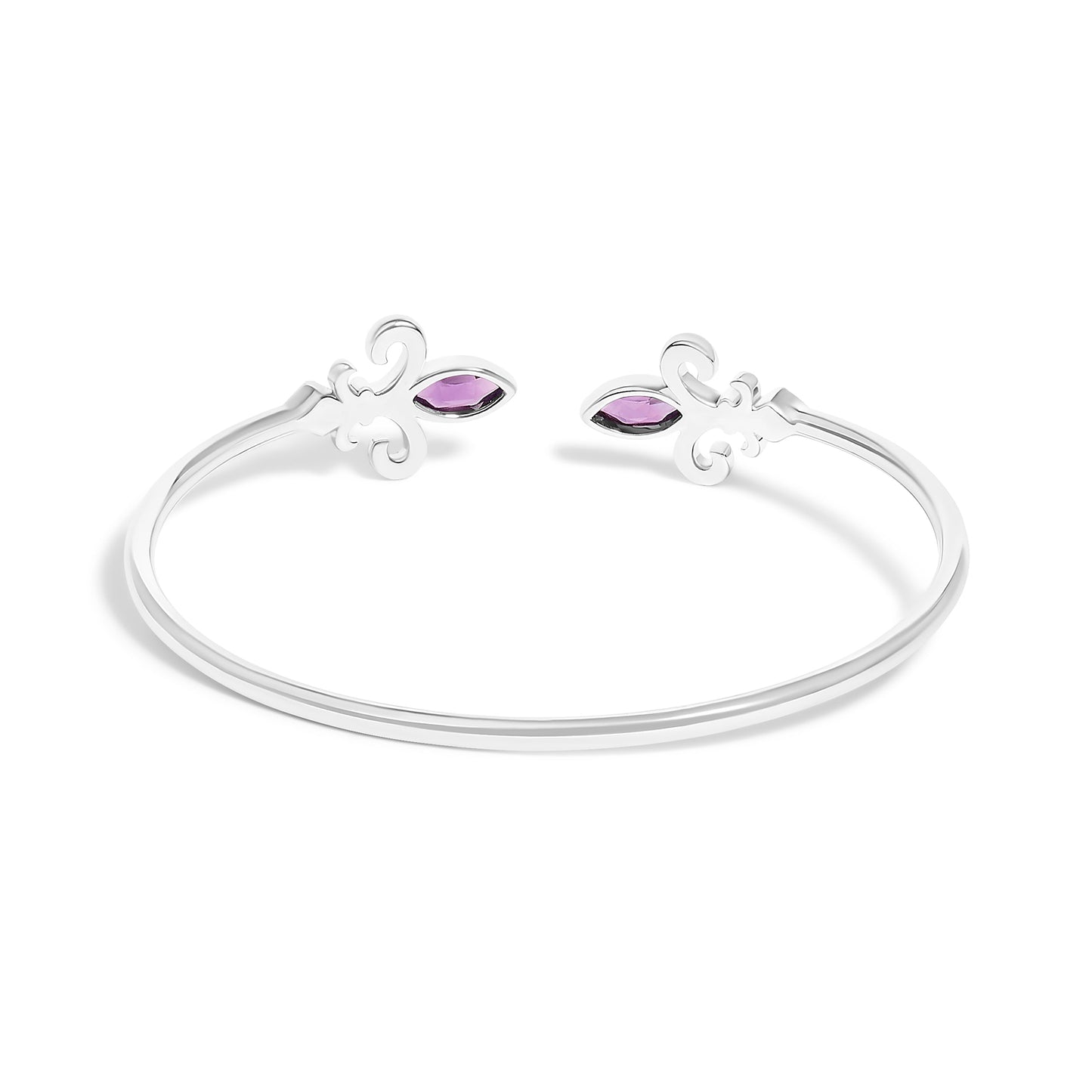 .925 Sterling Silver 8X4MM Marquise Purple Amethyst and Diamond Accent Fleur Di Lis Open Cuff Bangle (I-J Color, I1-I2 Clarity) - 7" Bids.com
