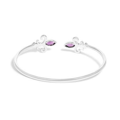 .925 Sterling Silver 8X4MM Marquise Purple Amethyst and Diamond Accent Fleur Di Lis Open Cuff Bangle (I-J Color, I1-I2 Clarity) - 7" Bids.com
