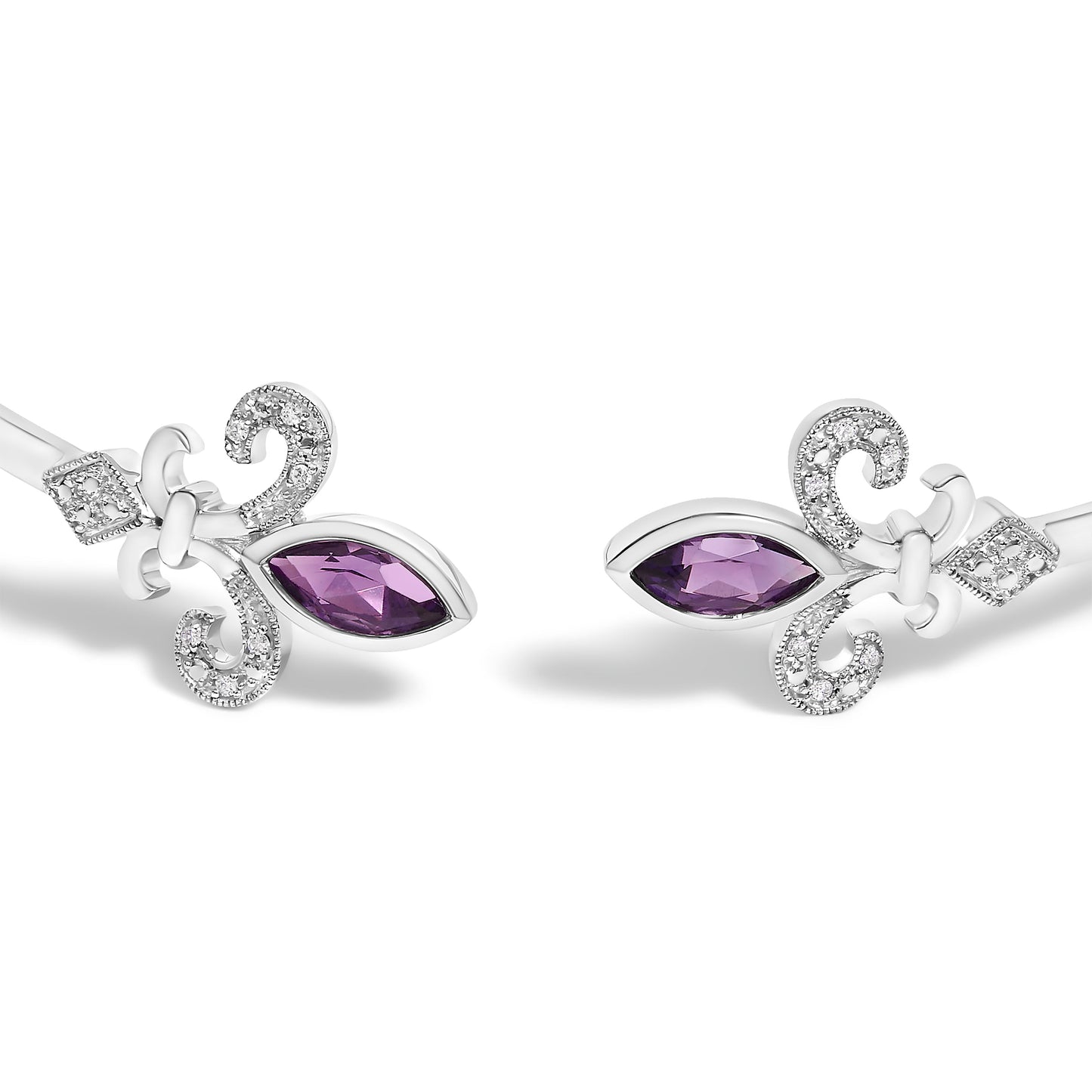.925 Sterling Silver 8X4MM Marquise Purple Amethyst and Diamond Accent Fleur Di Lis Open Cuff Bangle (I-J Color, I1-I2 Clarity) - 7" Bids.com