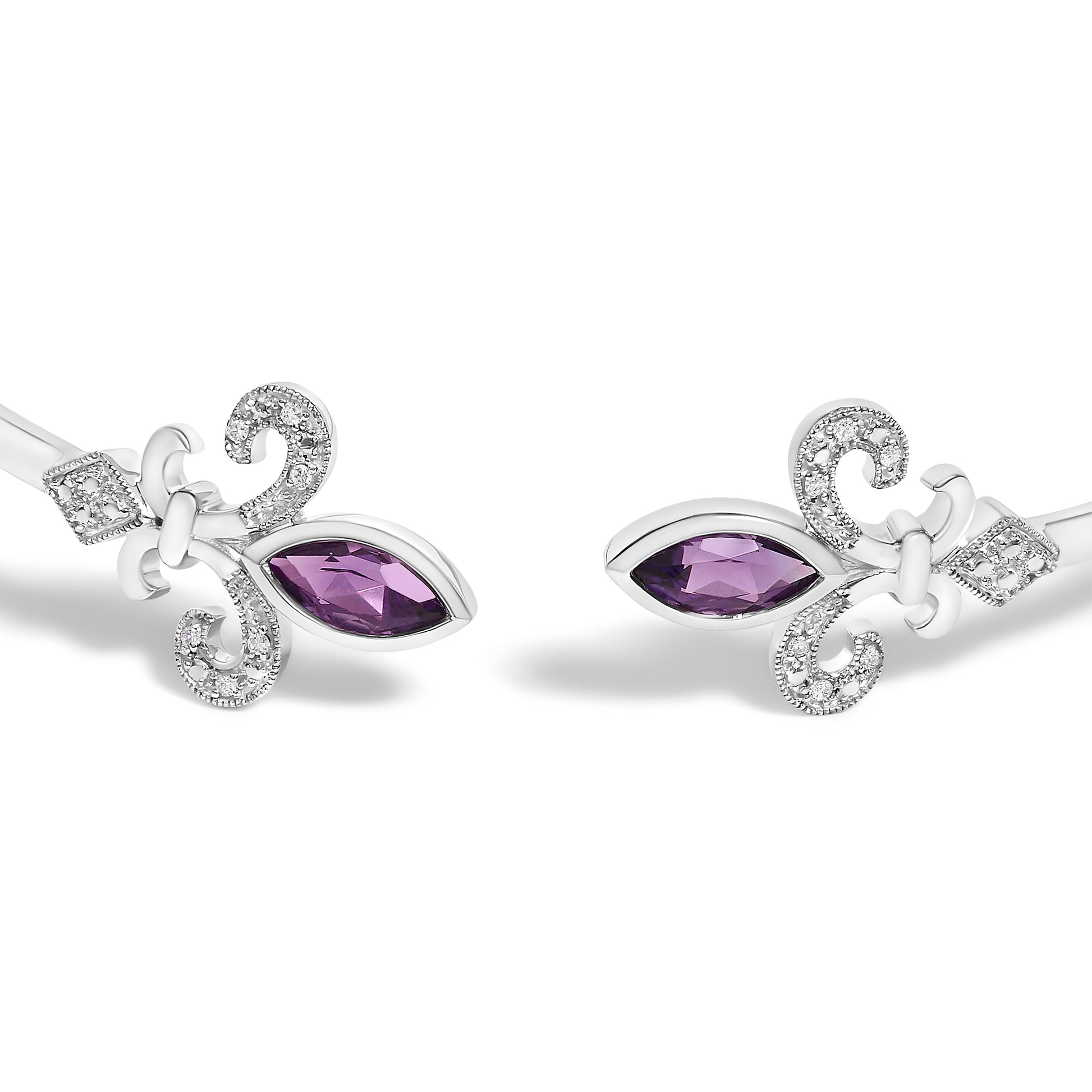 .925 Sterling Silver 8X4MM Marquise Purple Amethyst and Diamond Accent Fleur Di Lis Open Cuff Bangle (I-J Color, I1-I2 Clarity) - 7" Bids.com