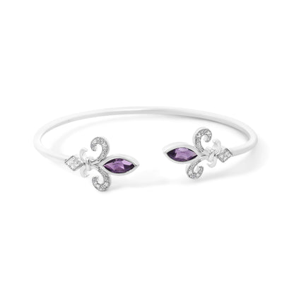 .925 Sterling Silver 8X4MM Marquise Purple Amethyst and Diamond Accent Fleur Di Lis Open Cuff Bangle (I-J Color, I1-I2 Clarity) - 7" Bids.com