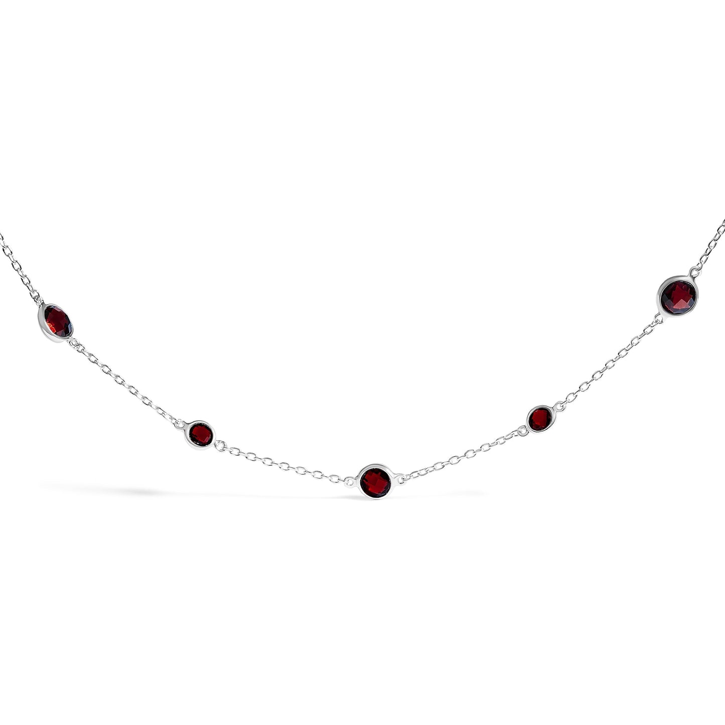 .925 Sterling Silver Checkerboard Cut Red Garnet Bezel Station Necklace - 22" Inches Bids.com