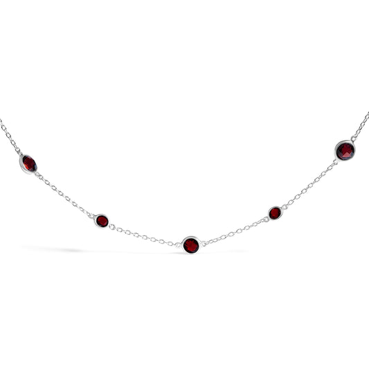 .925 Sterling Silver Checkerboard Cut Red Garnet Bezel Station Necklace - 22" Inches Bids.com