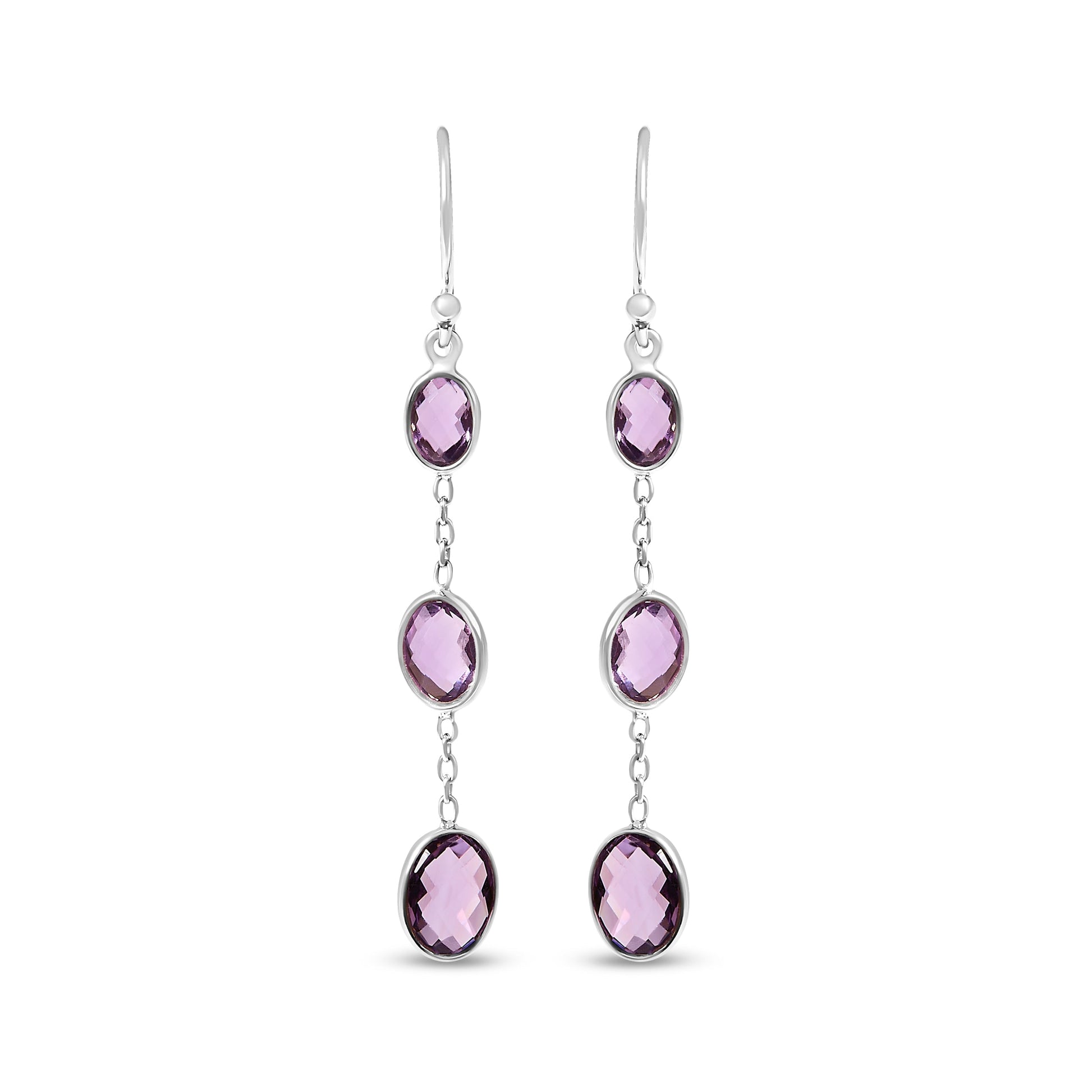 .925 Sterling Silver Checkerboard Cut Oval Purple Amethyst 2" Inch Drop and Dangle Earrings Bids.com