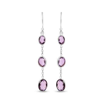 .925 Sterling Silver Checkerboard Cut Oval Purple Amethyst 2" Inch Drop and Dangle Earrings Bids.com