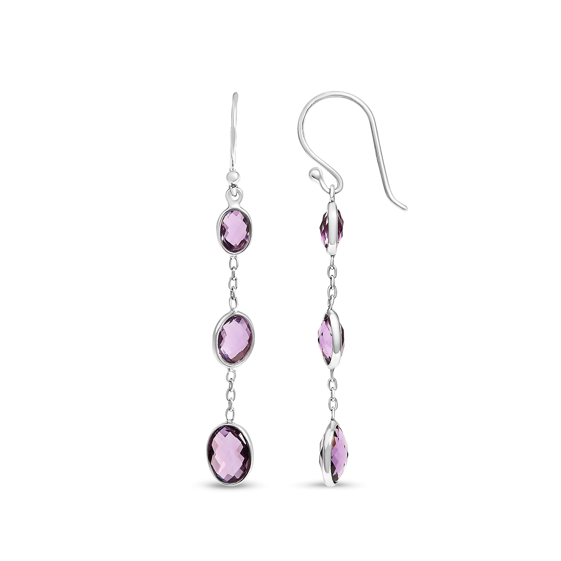 .925 Sterling Silver Checkerboard Cut Oval Purple Amethyst 2" Inch Drop and Dangle Earrings Bids.com