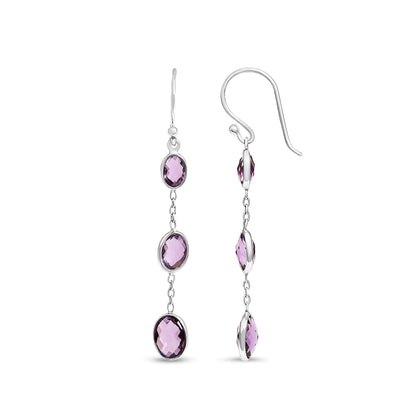 .925 Sterling Silver Checkerboard Cut Oval Purple Amethyst 2" Inch Drop and Dangle Earrings Bids.com