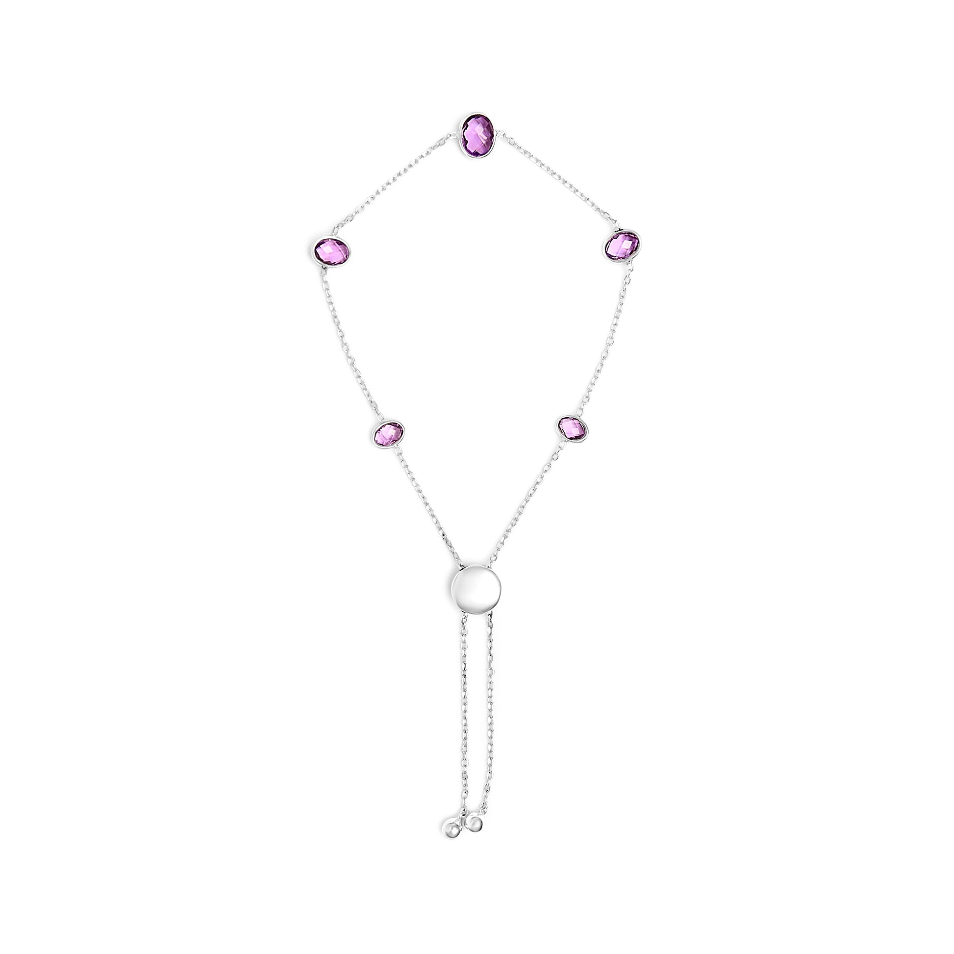 .925 Sterling Silver Bezel Set Purple Amethyst 5 Station Adjustable Bolo Bracelet Bids.com