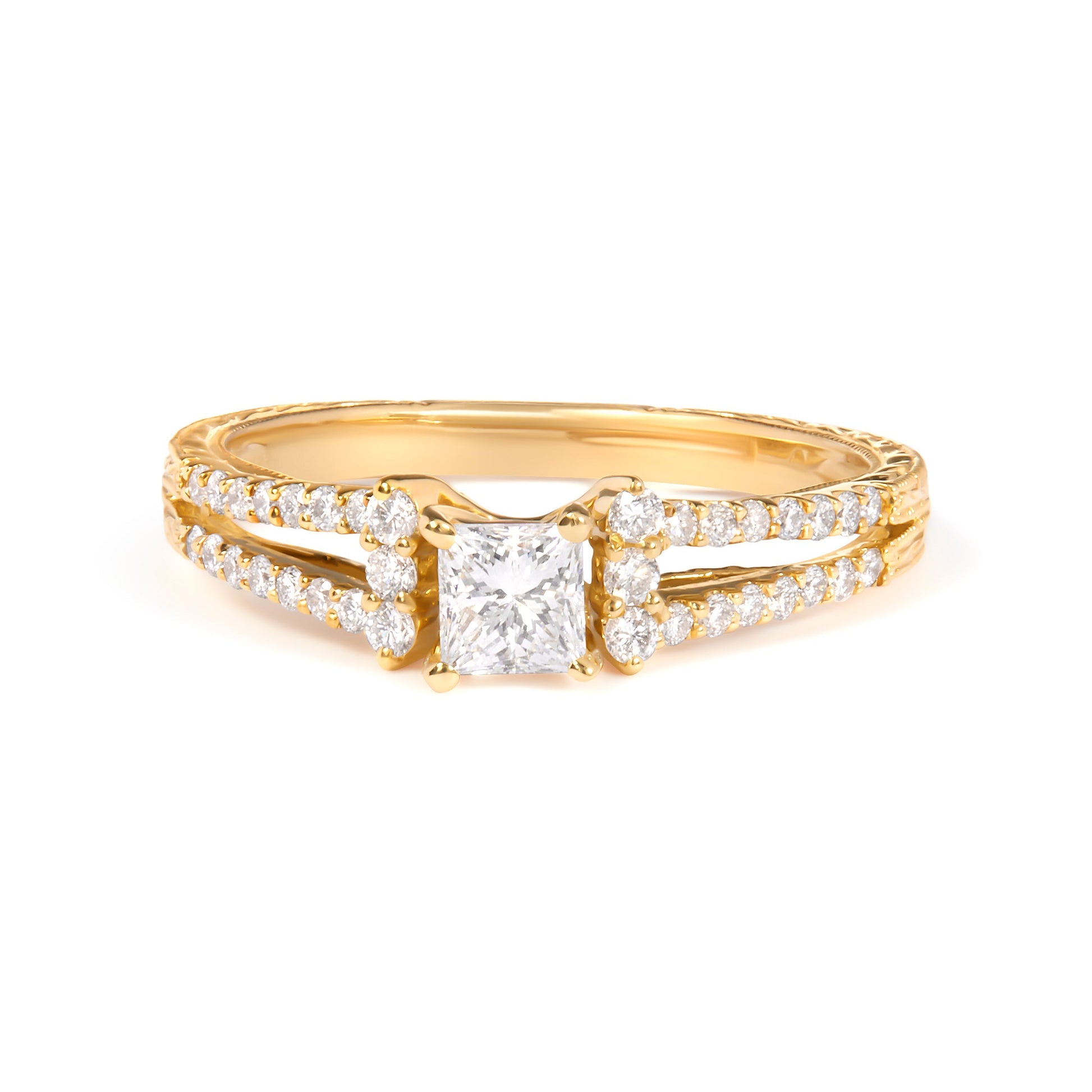 14K Yellow Gold Diamond 5/8 Cttw Princess Diamond Split Shank and Milgrain Engagement Ring (G-H Color, VS2-SI1 Clarity) - Size 7 Bids.com