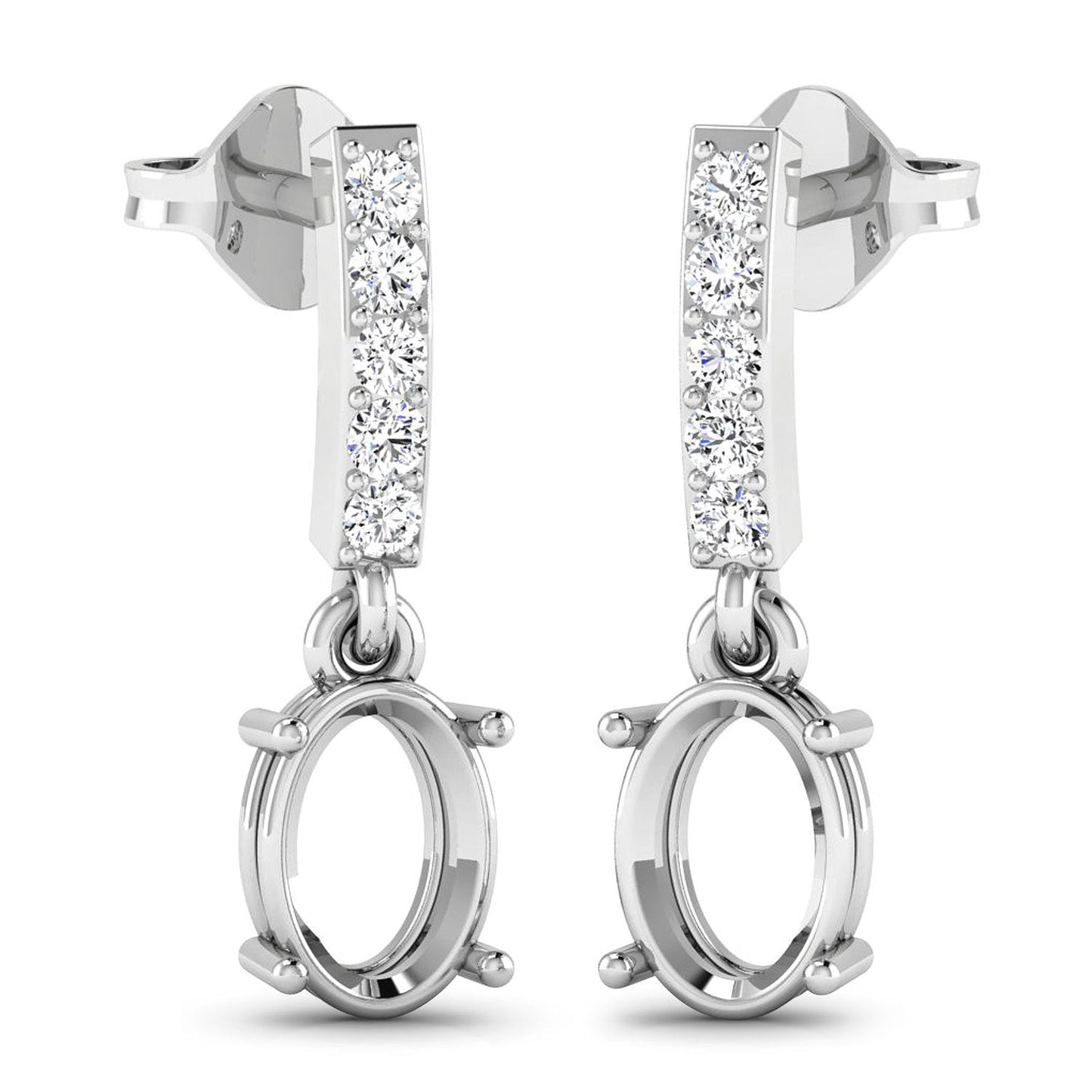 0.14 Carat Genuine White Diamond 14K White Gold Semi Mount Earrings - holds 7x5mm Oval Gemstones Bids.com