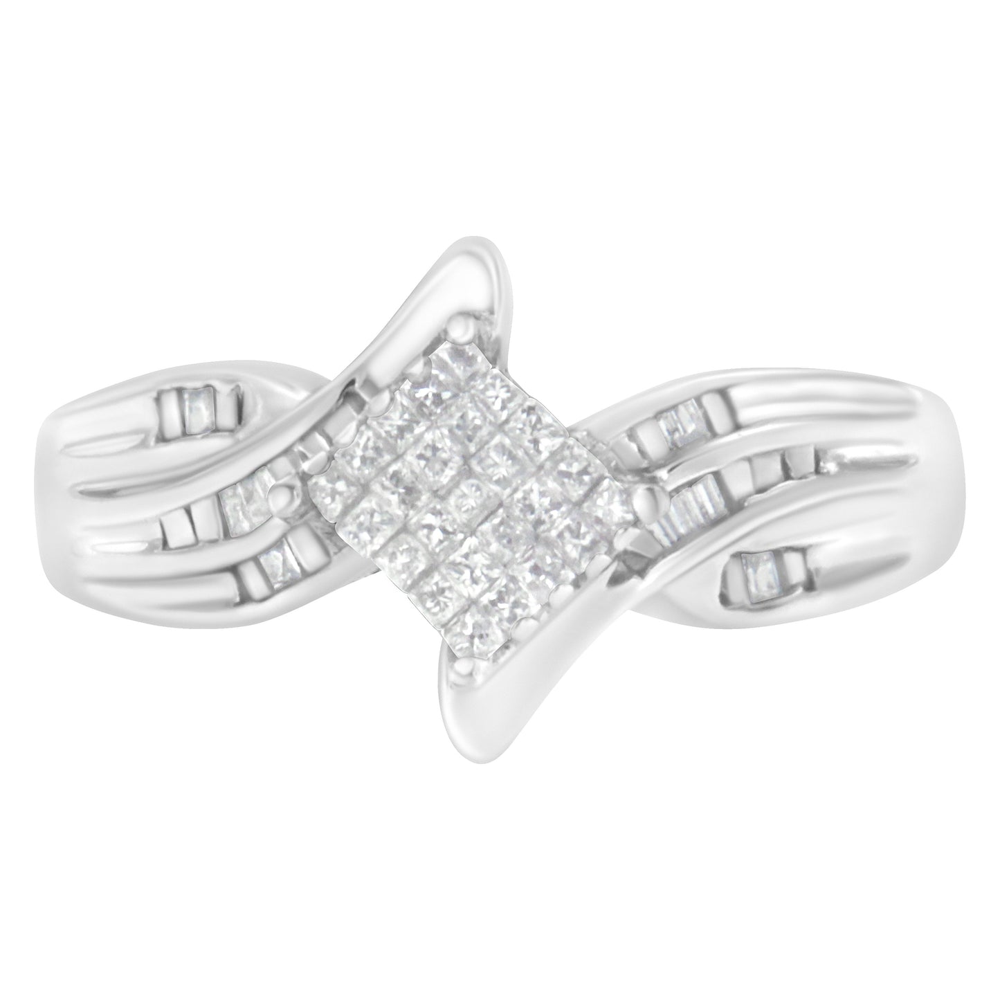 10K White Gold 1/3 Cttw Princess and Baguette Cut Diamond Bypass Style Cocktail Ring (I-J Color, I1-I2 Clarity) - Size 4 Bids.com