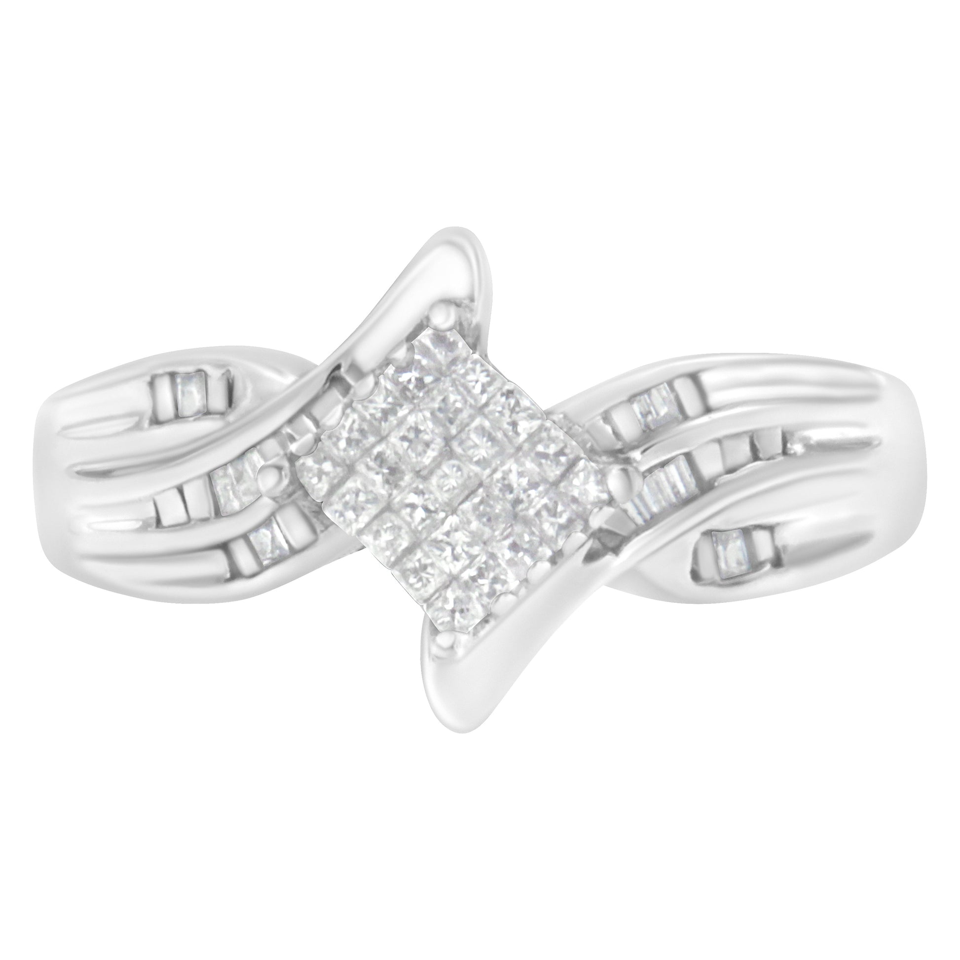 10K White Gold 1/3 Cttw Princess and Baguette Cut Diamond Bypass Style Cocktail Ring (I-J Color, I1-I2 Clarity) - Size 4 Bids.com