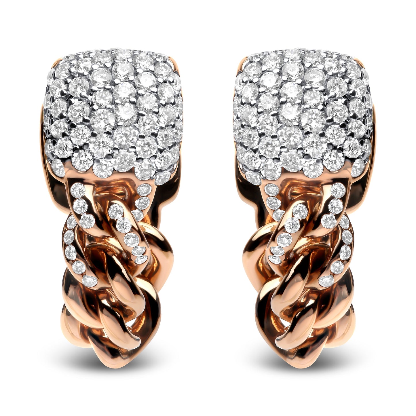 18K Rose Gold 3/4 Cttw Round Diamond Pave Cuban Chain Huggie Earrings (G-H Color, SI1-SI2 Clarity) Bids.com