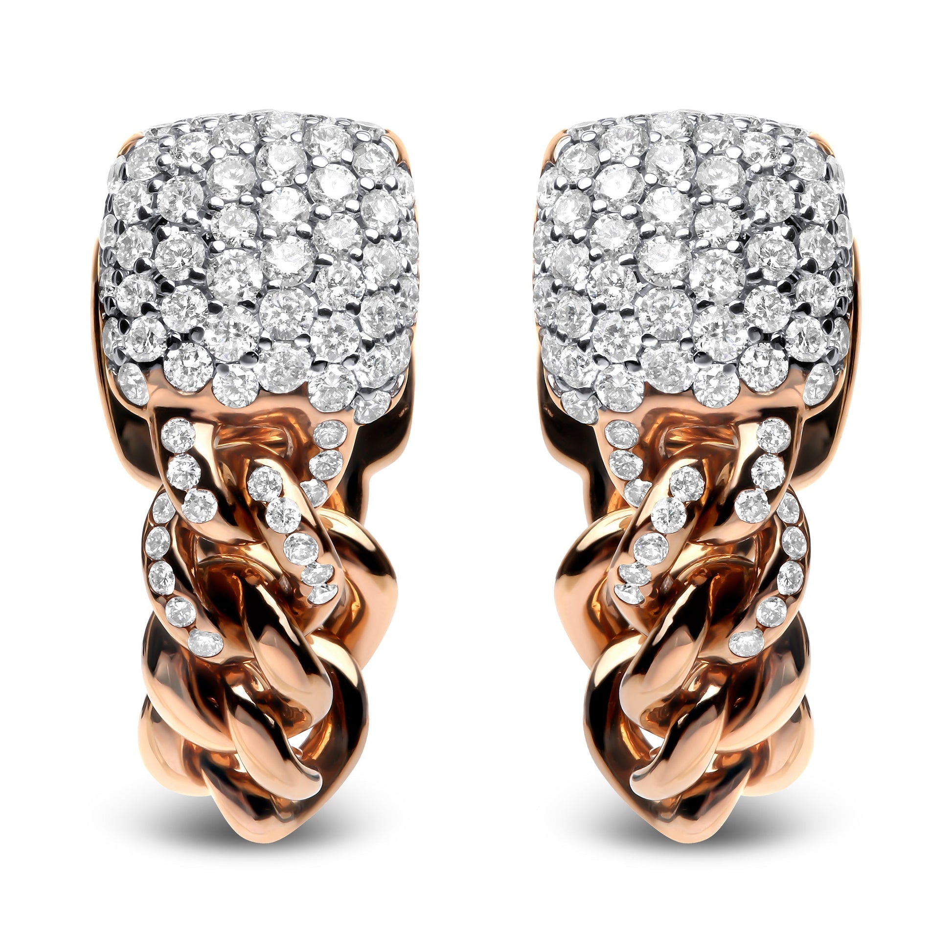 18K Rose Gold 3/4 Cttw Round Diamond Pave Cuban Chain Huggie Earrings (G-H Color, SI1-SI2 Clarity) Bids.com