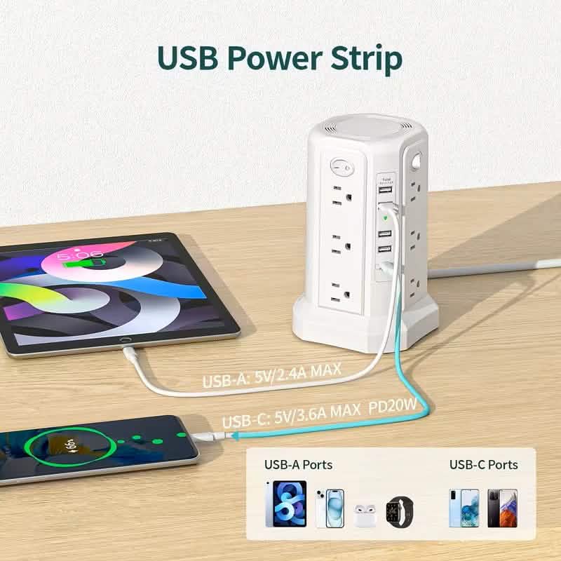 Surge Protector Tower 1800J with 4 USB A Ports, USB C (PD18W) Port, 12 AC Outlets and 10FT Cord DailySale