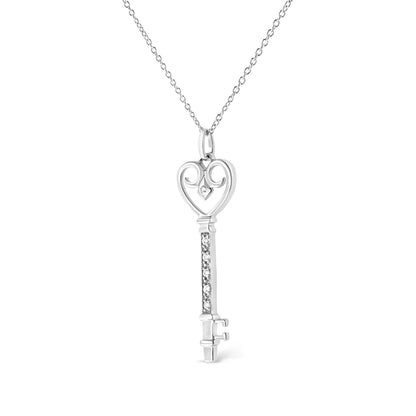 .925 Sterling Silver Pave and Bezel-Set Diamond Accent Key 18" Heart and Lock Pendant Necklace (K-L Color, I1-I2 Clarity) Bids.com