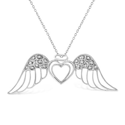 .925 Sterling Silver Pave-Set Diamond Accent Angel Wing 18" Double Heart Pendant Necklace (I-J Color, I1-I2 Clarity) Bids.com