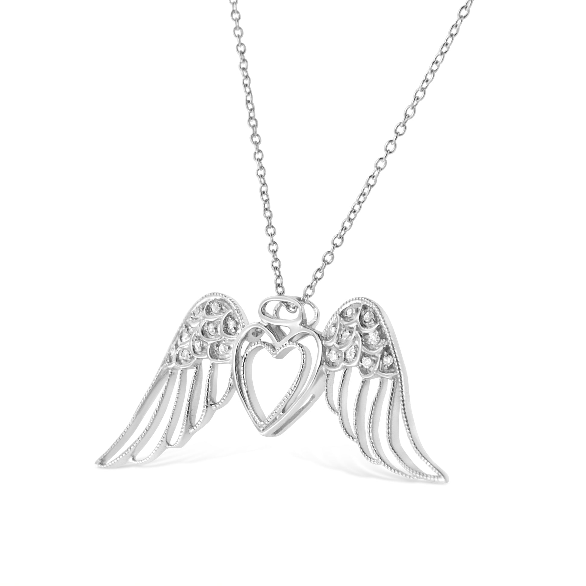 .925 Sterling Silver Pave-Set Diamond Accent Angel Wing 18" Double Heart Pendant Necklace (I-J Color, I1-I2 Clarity) Bids.com