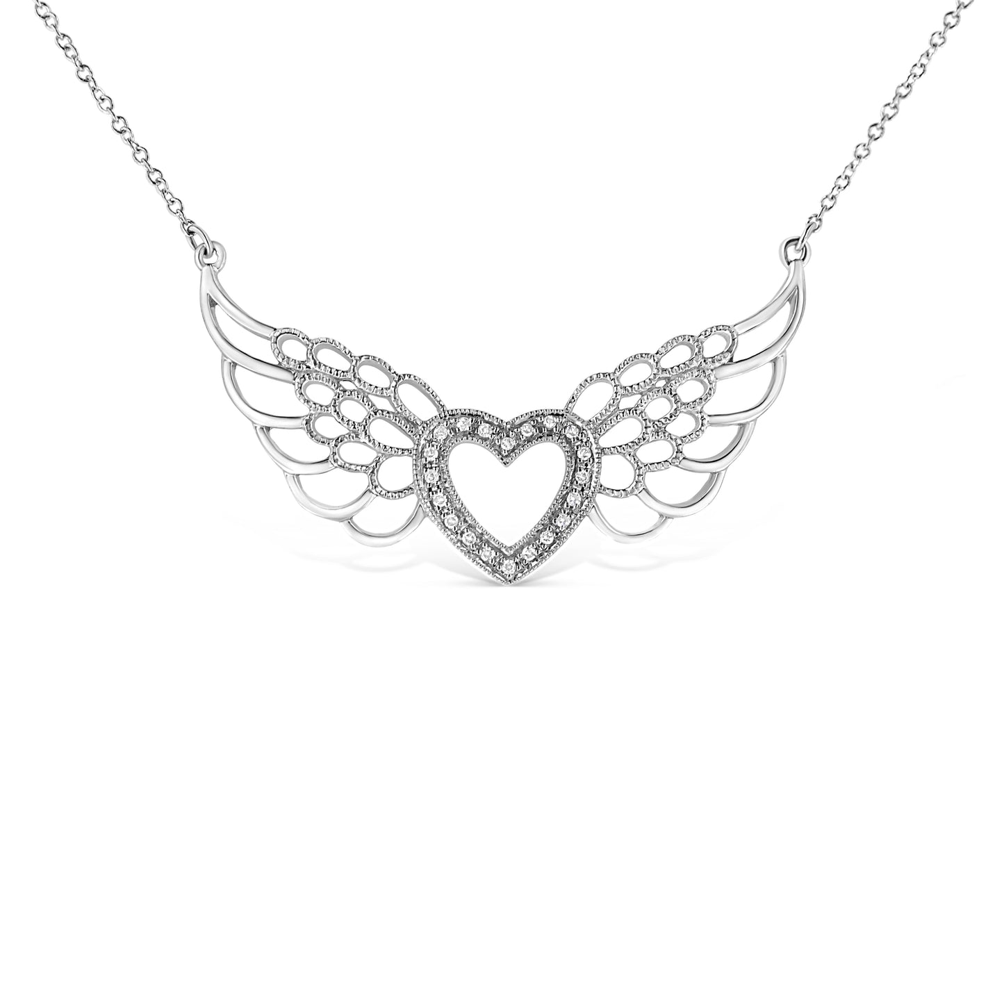 .925 Sterling Silver Pave-Set Diamond Accent Fairy Wing 18" Heart Pendant Necklace (I-J Color, I1-I2 Clarity) Bids.com