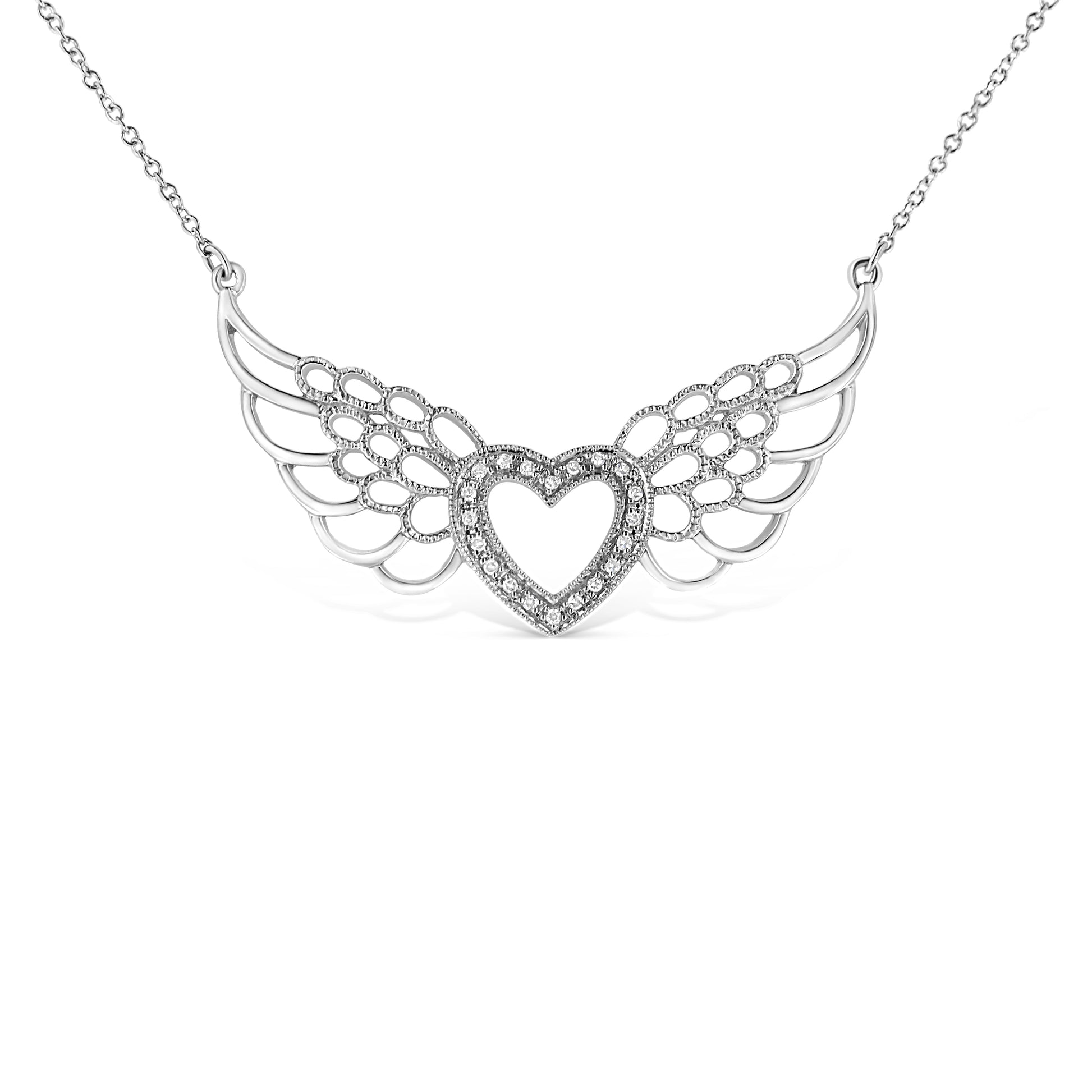 .925 Sterling Silver Pave-Set Diamond Accent Fairy Wing 18" Heart Pendant Necklace (I-J Color, I1-I2 Clarity) Bids.com