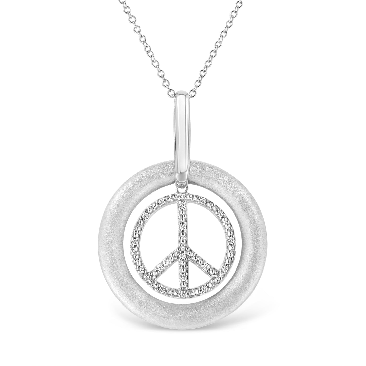 Matte Finish .925 Sterling Silver Diamond Accent Dancing Peace Sign 18" Pendant Necklace (I-J Color, I1-I2 Clarity) Bids.com