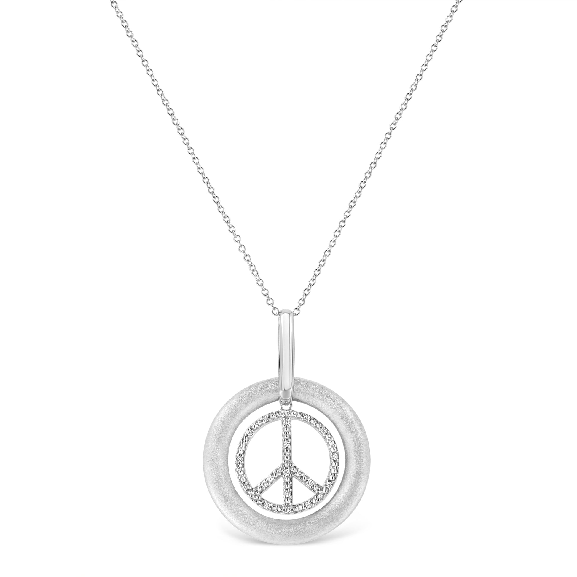 Matte Finish .925 Sterling Silver Diamond Accent Dancing Peace Sign 18" Pendant Necklace (I-J Color, I1-I2 Clarity) Bids.com