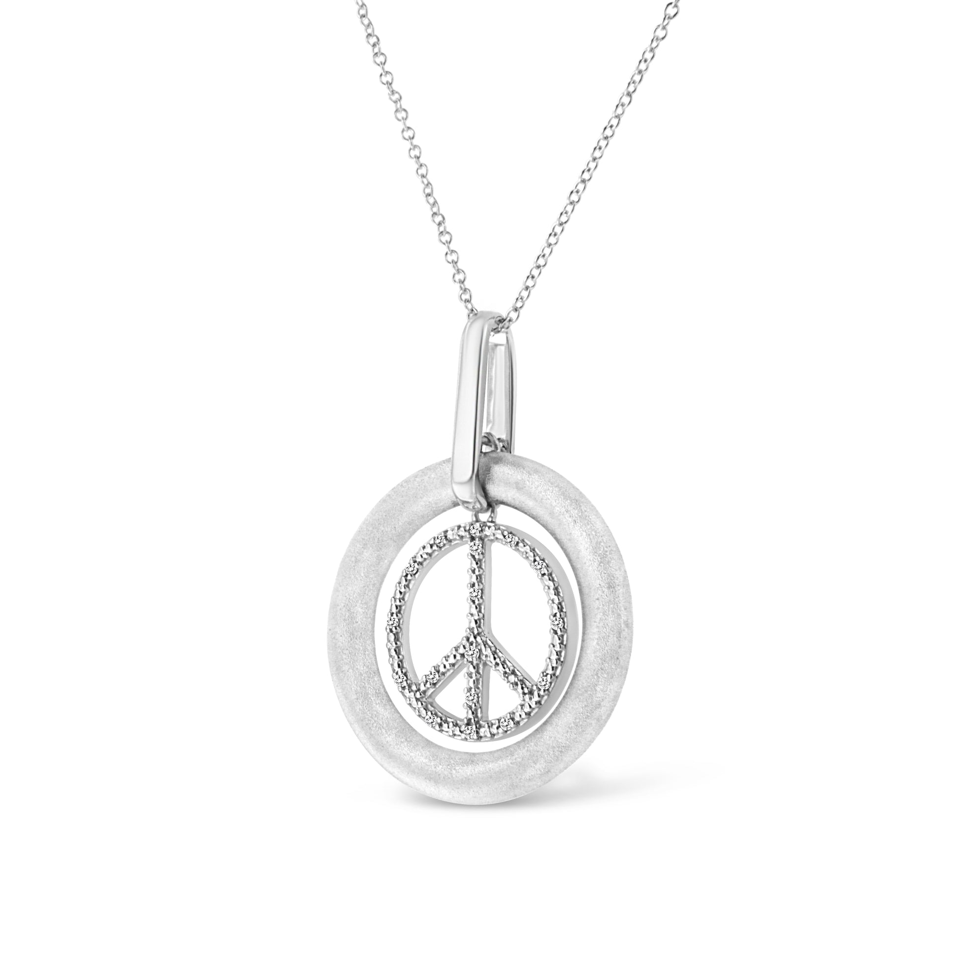Matte Finish .925 Sterling Silver Diamond Accent Dancing Peace Sign 18" Pendant Necklace (I-J Color, I1-I2 Clarity) Bids.com
