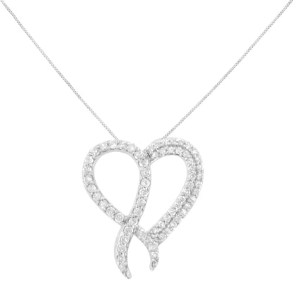 .925 Sterling Silver 1 cttw Diamond Heart and Ribbon 18" Pendant Necklace (I-J Clarity, I2-I3 Color) - 18" Bids.com