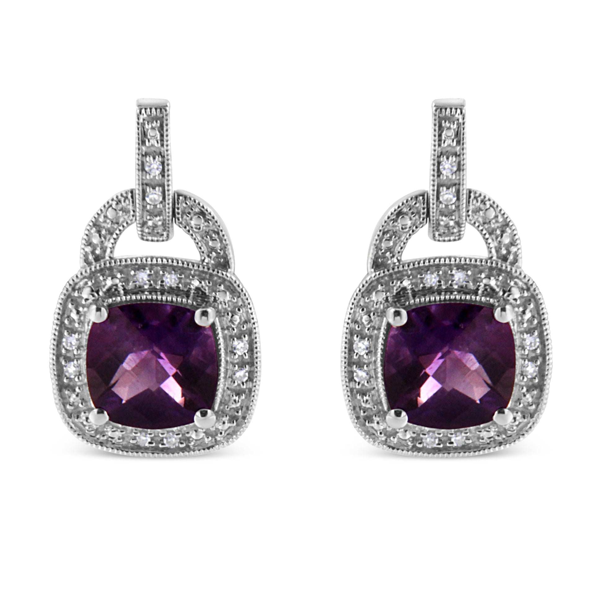 .925 Sterling Silver 8MM Natural Cushion Shaped Amethyst and Diamond Accent Halo with Push Back Dangle Earrings (I-J Color, I2-I3 Clarity) Bids.com