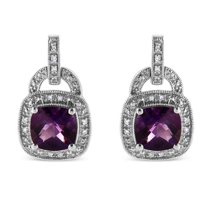 .925 Sterling Silver 8MM Natural Cushion Shaped Amethyst and Diamond Accent Halo with Push Back Dangle Earrings (I-J Color, I2-I3 Clarity) Bids.com